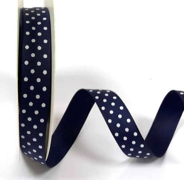 Navy 16mm Grosgrain Ribbon with White Polka Dots