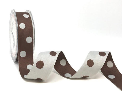 Brown & Ivory 25mm Woven Reversible Polka Dot Ribbon