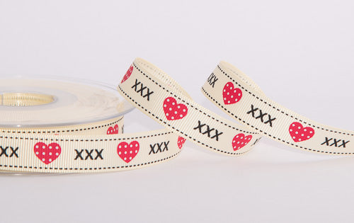 Polka Dot Heart Print 16mm Ivory Grosgrain Ribbon