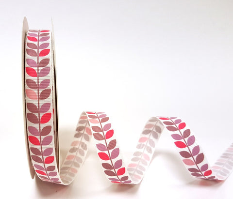 Variegated Pinks Leaf Vine Print on 16mm White Grosgrain Ribbon