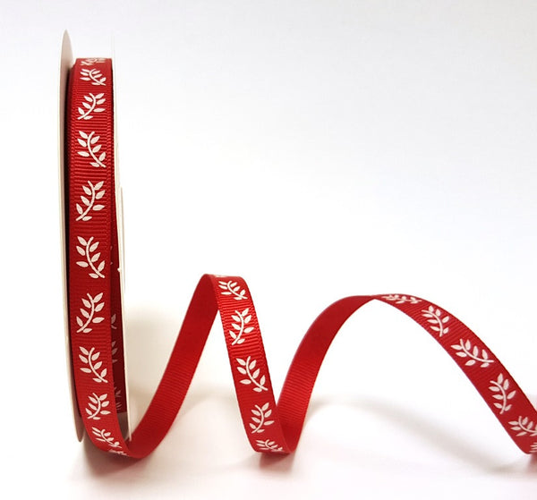 White Fern Print on 9mm Red Grosgrain Ribbon