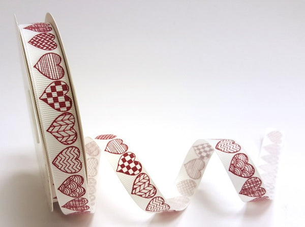 Red Patterned Heart Print on 16mm White Grosgrain Ribbon