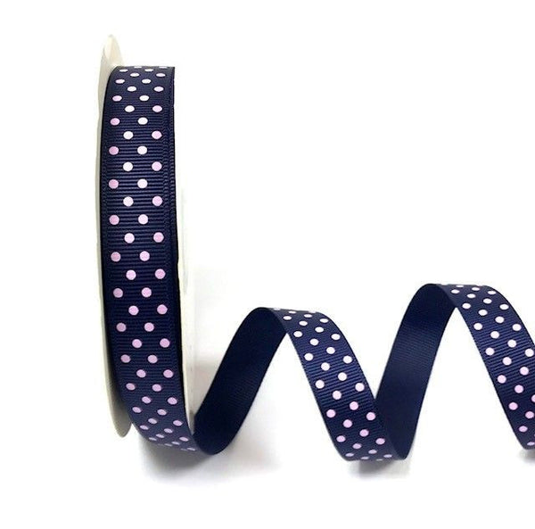 Navy 16mm Grosgrain Ribbon with Pink Polka Dots