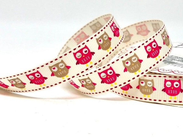 Pink & Beige Owl Print 16mm Ivory Grosgrain Ribbon