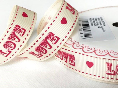 Red Vintage Love Print on 16mm Ivory Grosgrain Ribbon