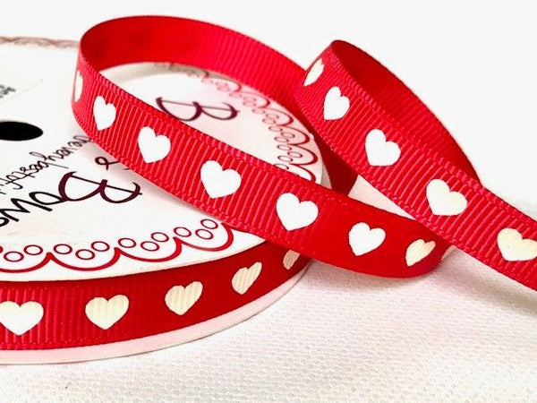 Ivory Heart Print on 9mm Red Grosgrain Ribbon