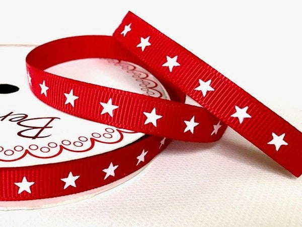 White Star Print on 9mm Red Grosgrain Ribbon