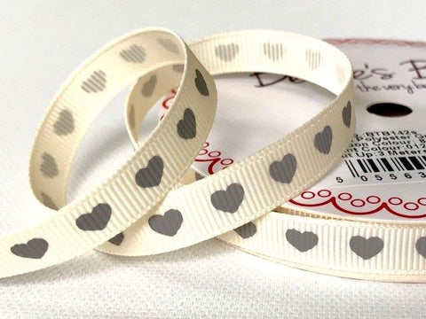 Grey Heart Print on 9mm Ivory Grosgrain Ribbon