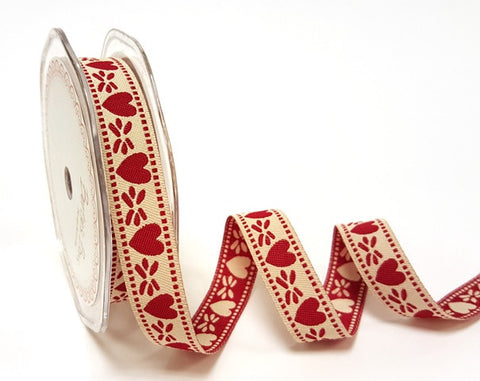 15mm Red & Cream Reversible Woven Heart