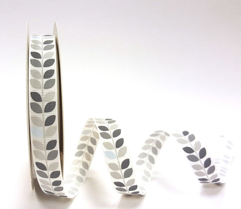 Variegated Greys Leaf Vine Print on 16mm White Grosgrain Ribbon