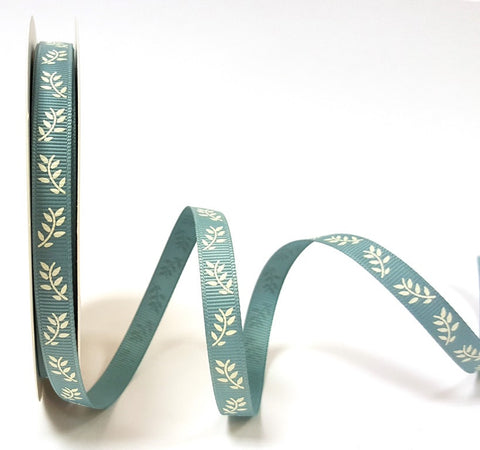 Ivory Fern Print on 9mm Sea Breeze Grosgrain