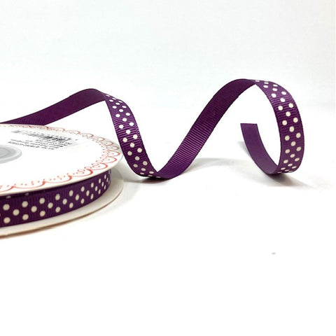 Amethyst 9mm Grosgrain Ribbon with White Polka Dots